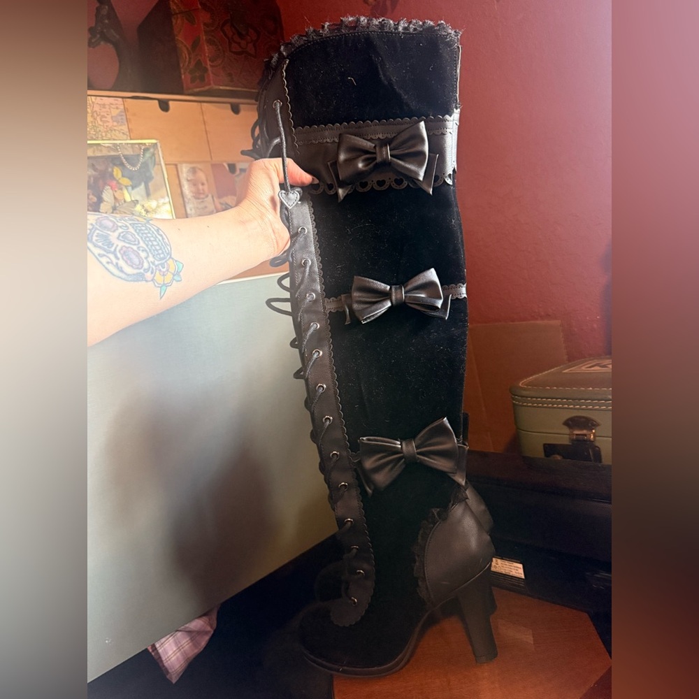 Demonia Black Lace Up Boots with Bows
